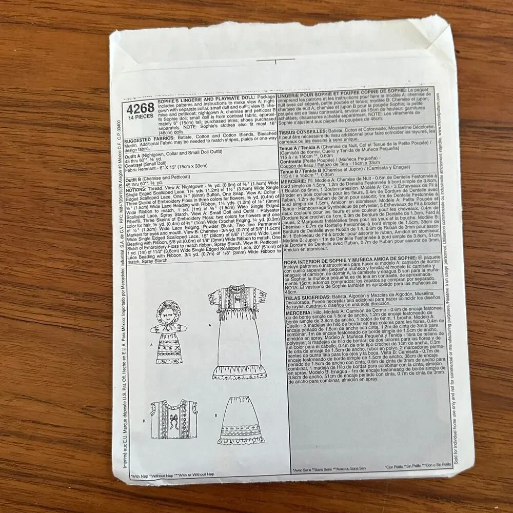 UNCUT McCall's Pattern 4268 Sophie Doll Clothes